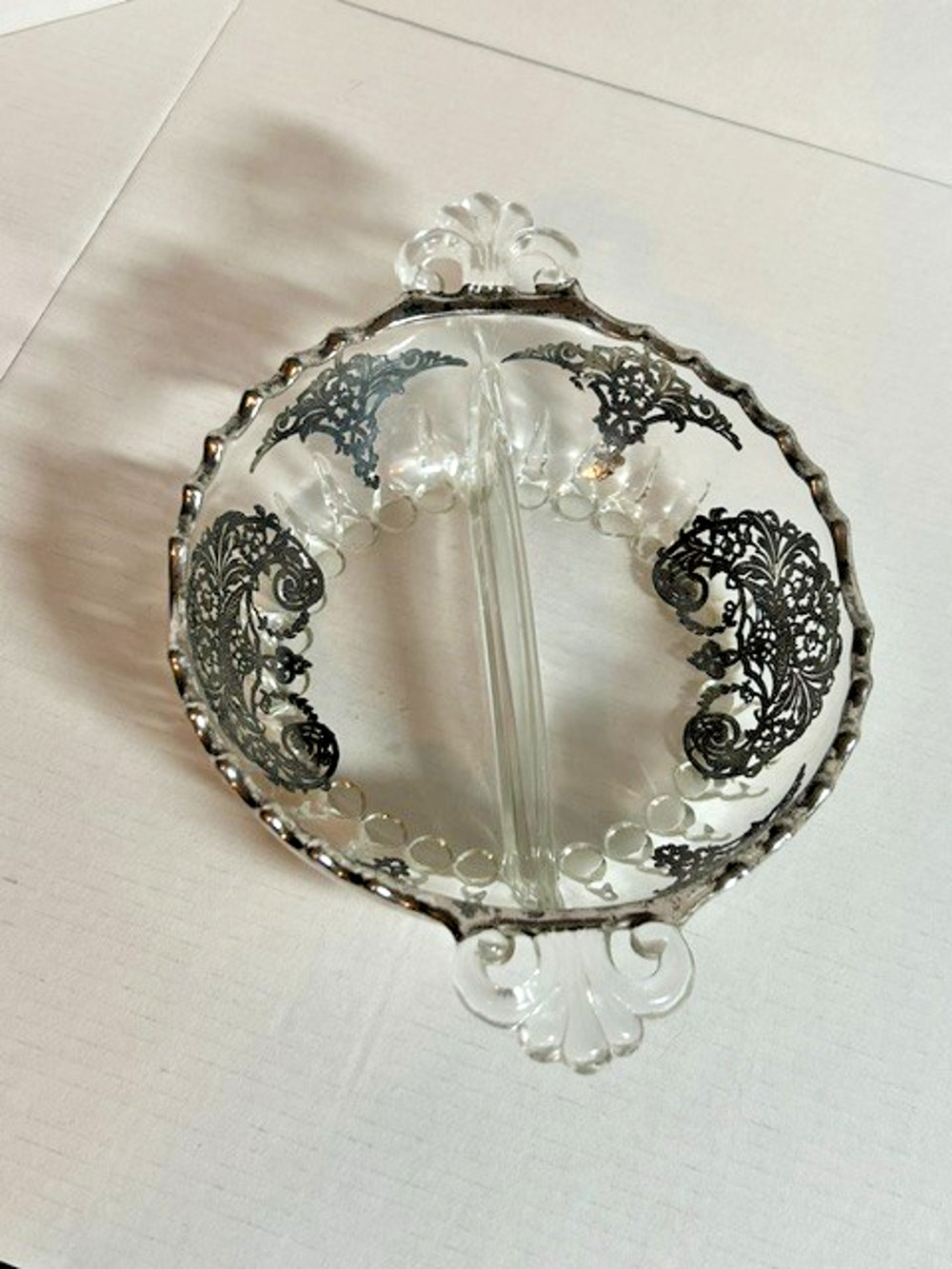Vintage New Martinsville Janice 8" Divided Relish Dish Silver Overlay Glass